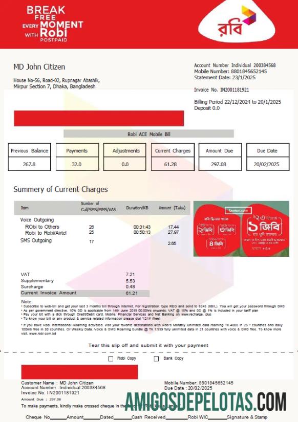 em branco Modelo de conta de serviços públicos limitado de Bangladesh Robi Axiata em formatos Word e PDF, versão 2